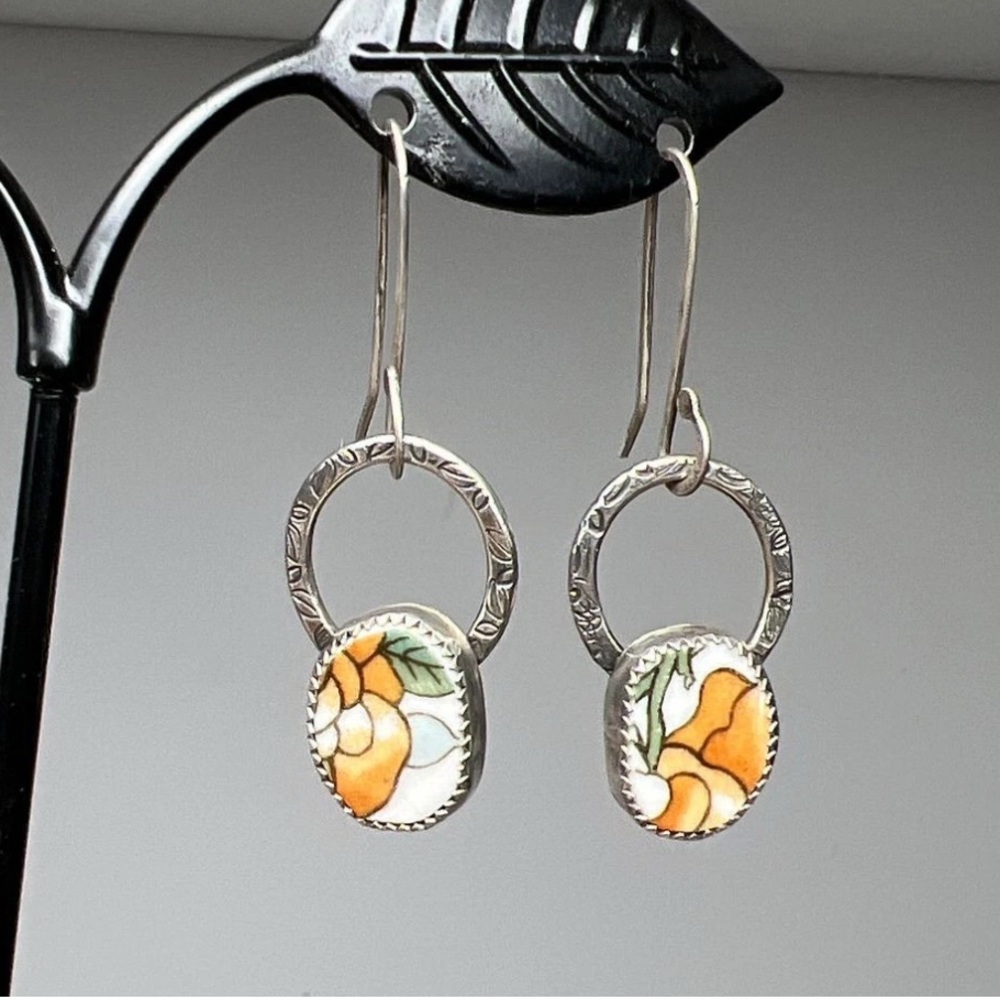 Artisan Stirling Silver Orange Floral Painted Earrings